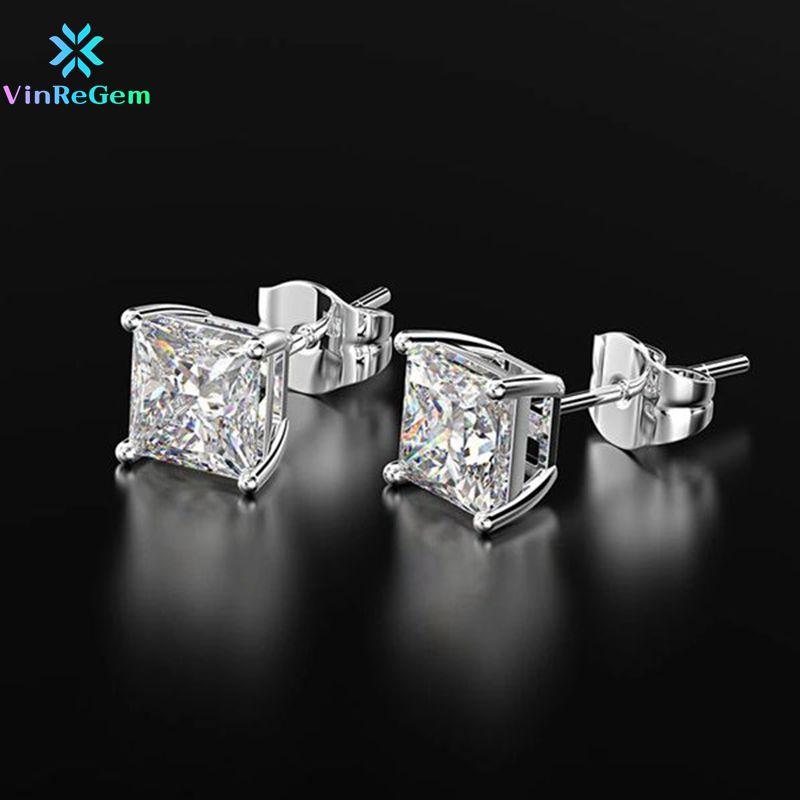 

Stud Vinregem Hip Hop Rock 100% 925 Sterling Silver Iced Cut 3MM-8MM Created Moissanite Ear Studs Earrings Fine Jewelry Drop, Golden;silver