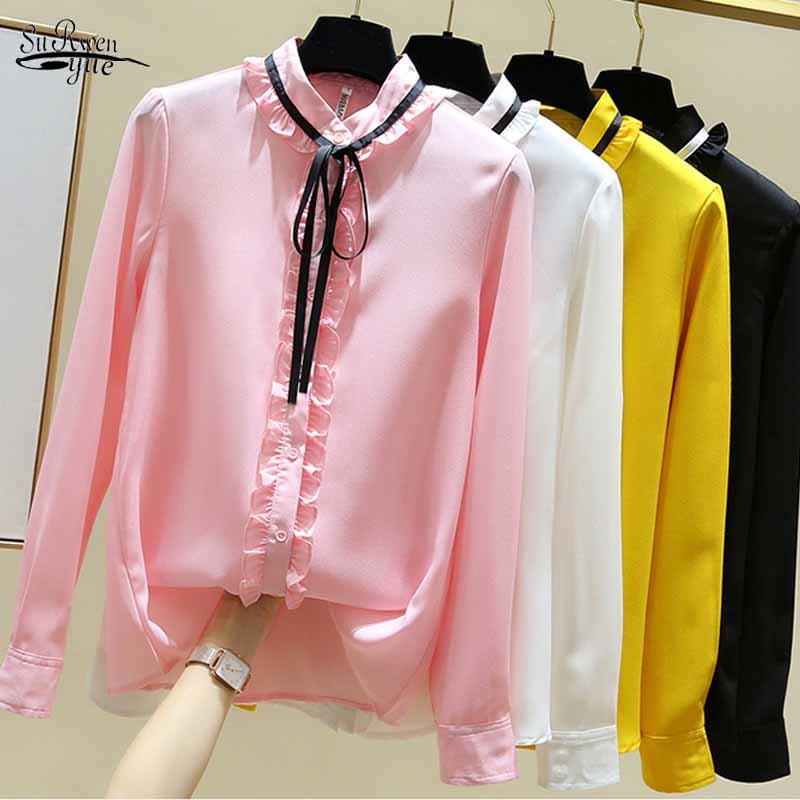 Cravate à nœud féminine O-Neck Solid Splicing Cardigan Tops Shirts Slim Shirts Early Automne Long Mariffon Blouse Blouse Blusas Mujer de Moda 115
