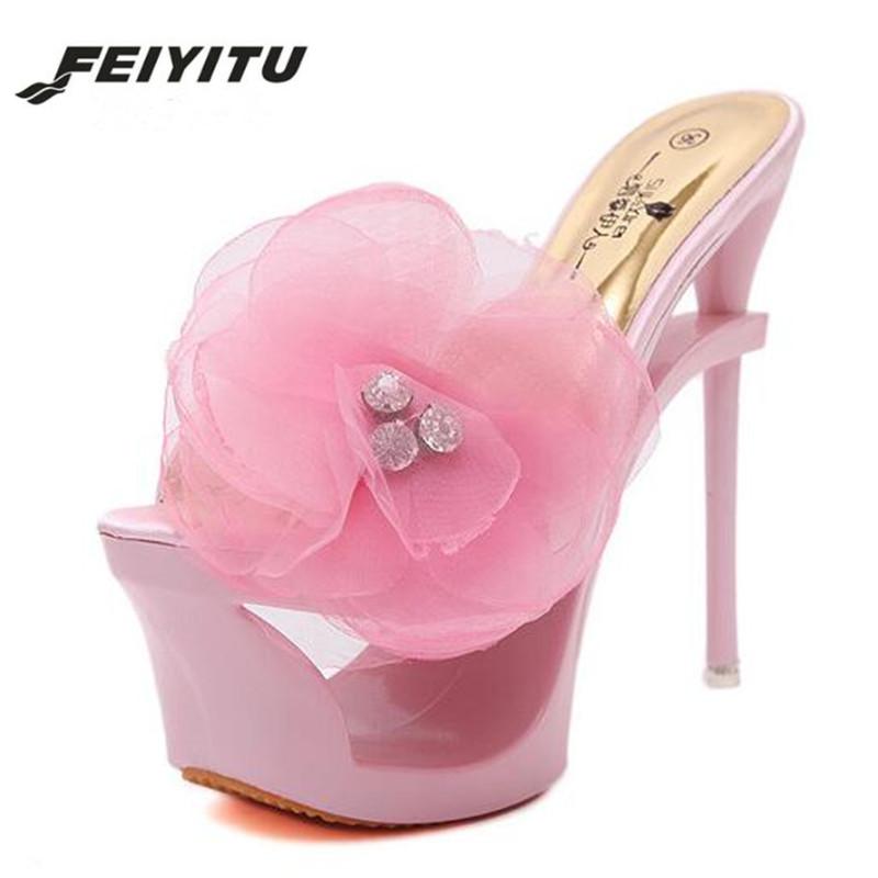 

Slippers FeiYiTu 2021 Slides Shoes Woman Diamond Flower Shoe Club 16cm Super Fine Sexy High-heeled Sandals Platform, Black