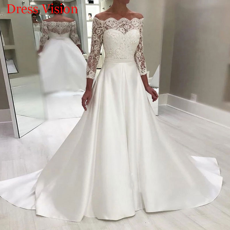 

Lace Three Quarter Sleeves Wedding Dresses Wedding Bridal Gowns Robe De Marie Vestidos De Novia, White