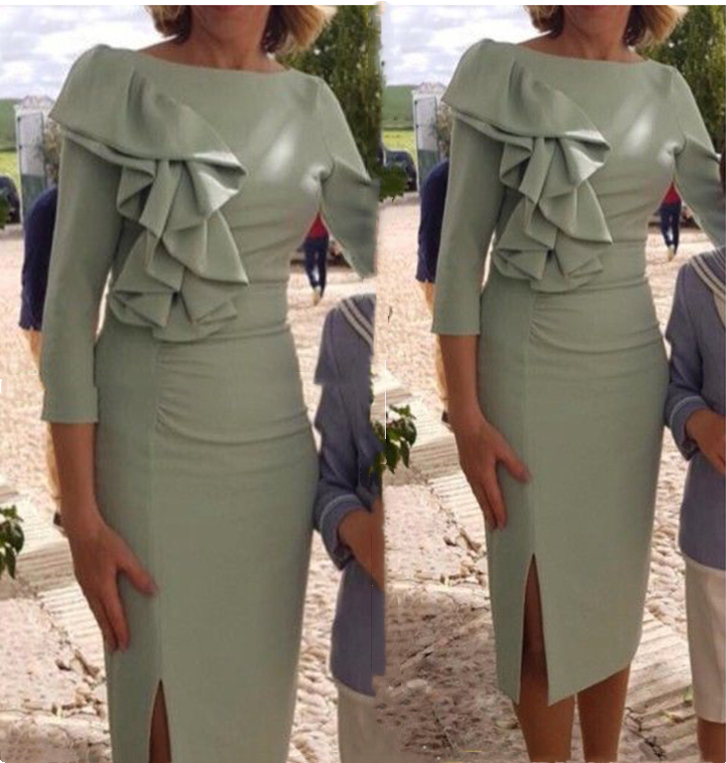 

Elegant Short Sheath Mother's Dresses 2021 Knee Length Mother Of The Bride Gowns 3/4 Long Sleeve Beach Wedding Guest Dress Side Split