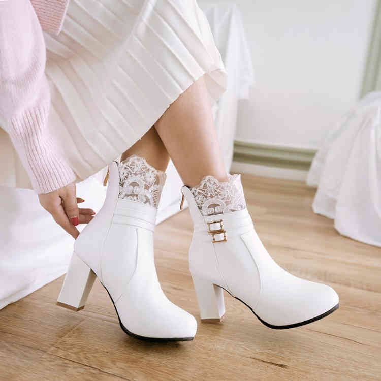 

Dress Shoes PXELENA Elegant Buckle Lace White Pink Beige Bridal Wedding Ankle Boots Chunky Block Square High Heels Short Women 34-43 QPZW, 1# shoe box