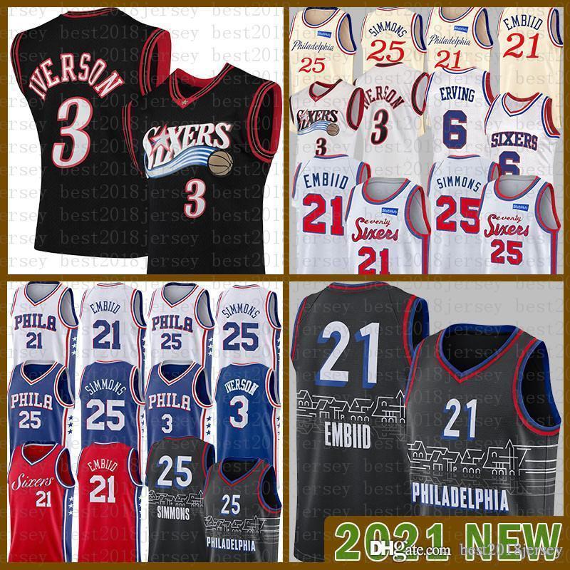

2021 New Basketball Jersey Mens Philadelphia 76er jersey Allen 3 Iverson Joel 21 Embiid Ben 25 Simmons Julius 6 Erving Brown, Black;red