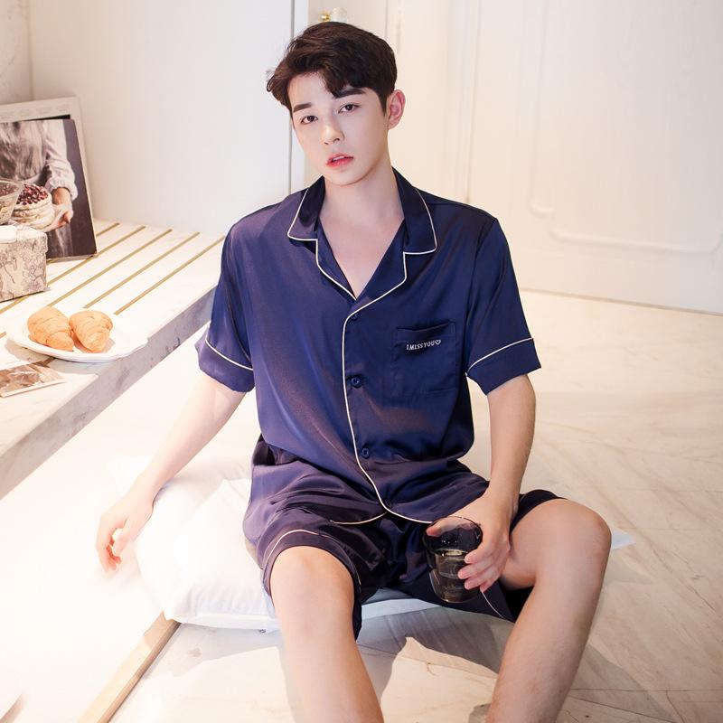 

Men's Sleepwear Kaoulan Summer Style Short Sleeve Shorts Viscose Suit Satin Silk Large Size Men Home Wear Pajamas, Yao obsidian