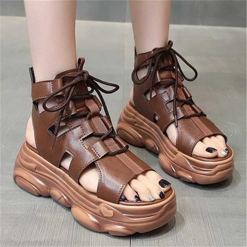 

Summer Sport Style Platform Women Sandals Ladies Wedges Casual High Heels Chunky Openwork Cross Strap Gladiator Shoes, Black