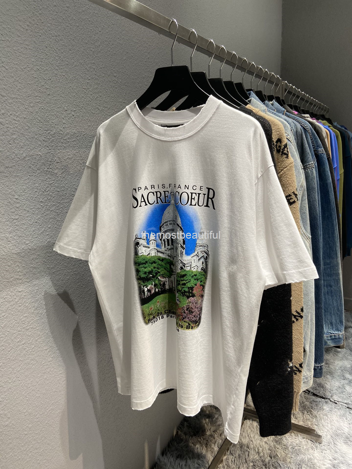 

Women's T-Shirt Spring and summer high version B Paris Castle Large Print Pullover round neck loose Unisex T-shirt short sleeve, 2# packing bag