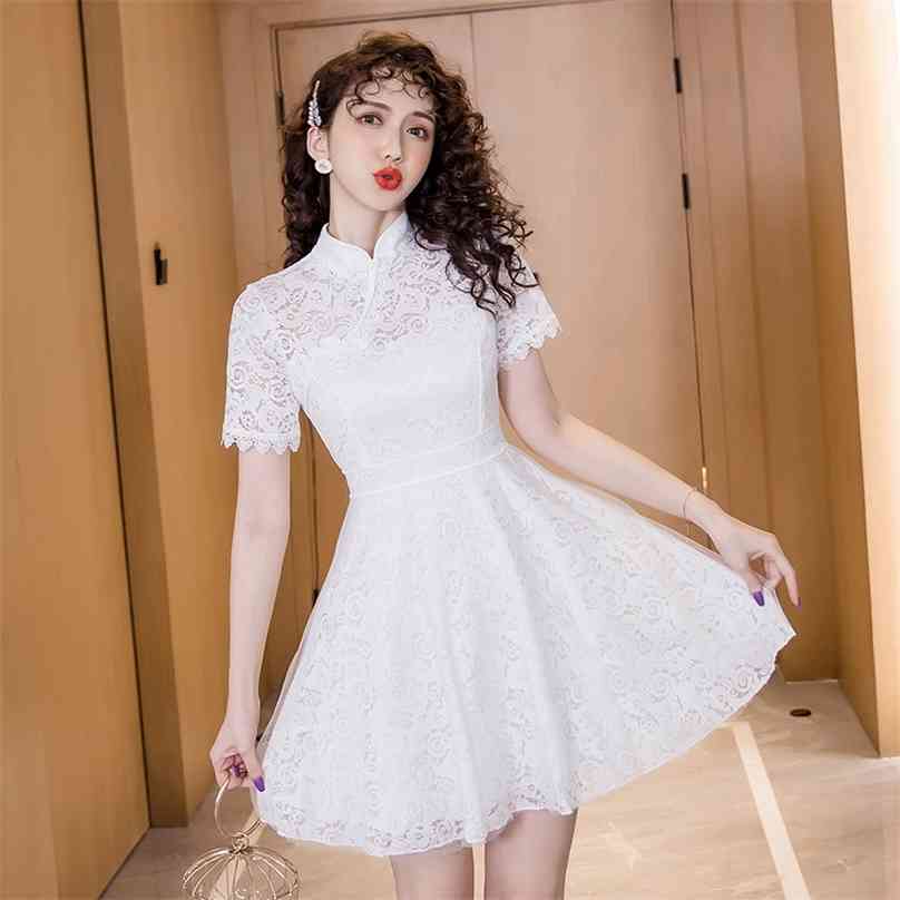 

White Lace Mini Dress for women Summer Short Sleeve Stand hollow Out Ladies fairy Sexy party Dresses 210602