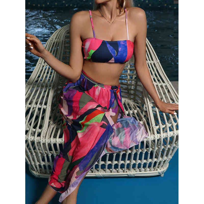

Bandeau High Waist Color Block Print Skirts Three Piece Suits Elegant Bikini Swimsuit Women Swimwear Female Bathing Suit 210520, 01