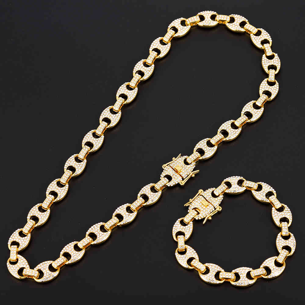 

HIP HOP Iced Out CZ Cuban Link Chain Men Pig Nose Alloy Rhinestone Necklace Charm Link Chain Bling Necklaces for Men Jewelry X0509