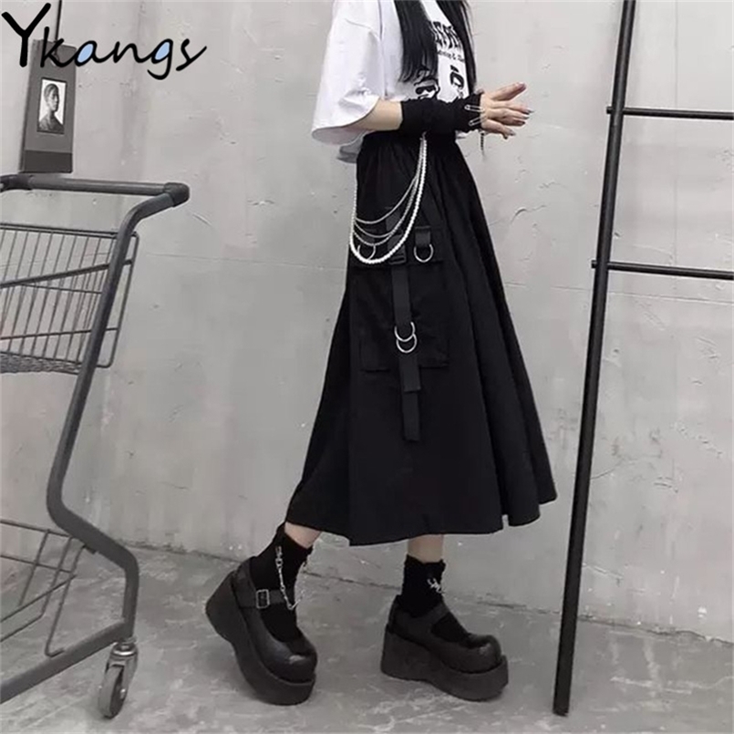 

High Waist Loose A-line Cargo Skiets chain Side Ring Pocket Midi Long Black Skirt Korean Hip Hop Streetwear Harajuku OverSize 210702, Dark grey