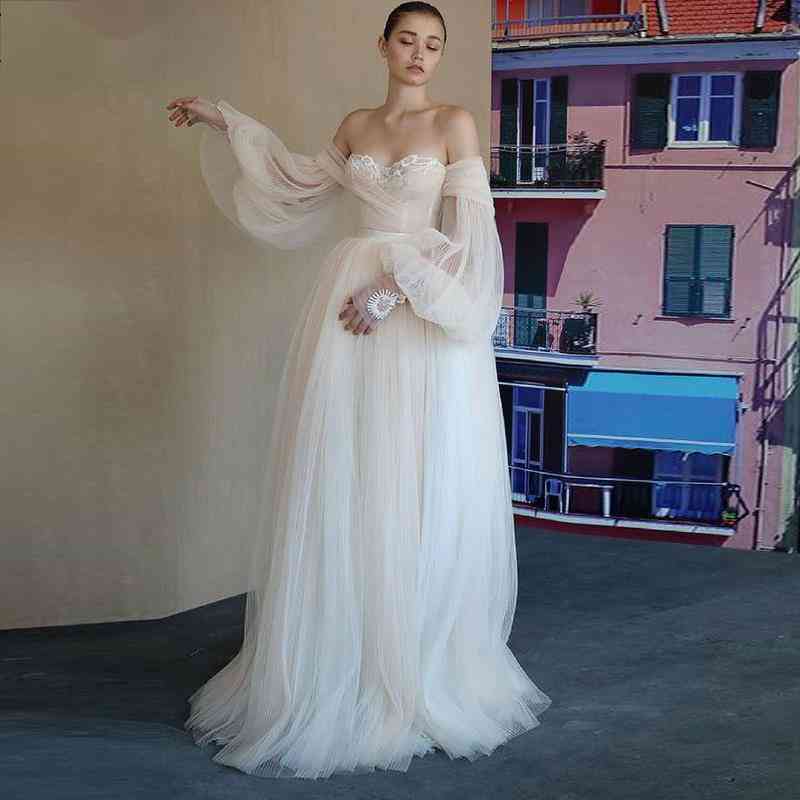 

2021 Wedding Dresses Off The Shoulder Bridal Gowns Trends Bride Dress Tulle Lace Long Sleeves Wedding Dress Vestido De Noiva, White