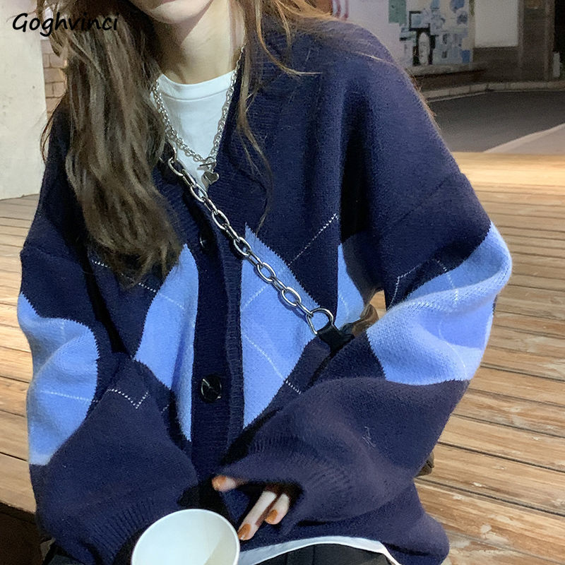 

cardigan women geometric v-neck long sleeve knitted sweaters baggy korean style retro leisure students ins chic fall elegant, Black