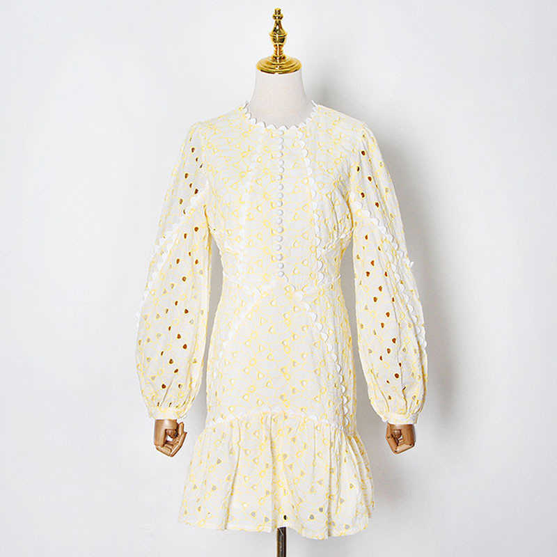 

HIGH STREET Fashion Spring Runway Dress Women's Lantern Sleeve Embroidery Hollow Out Mermaid 210526, Navy blue