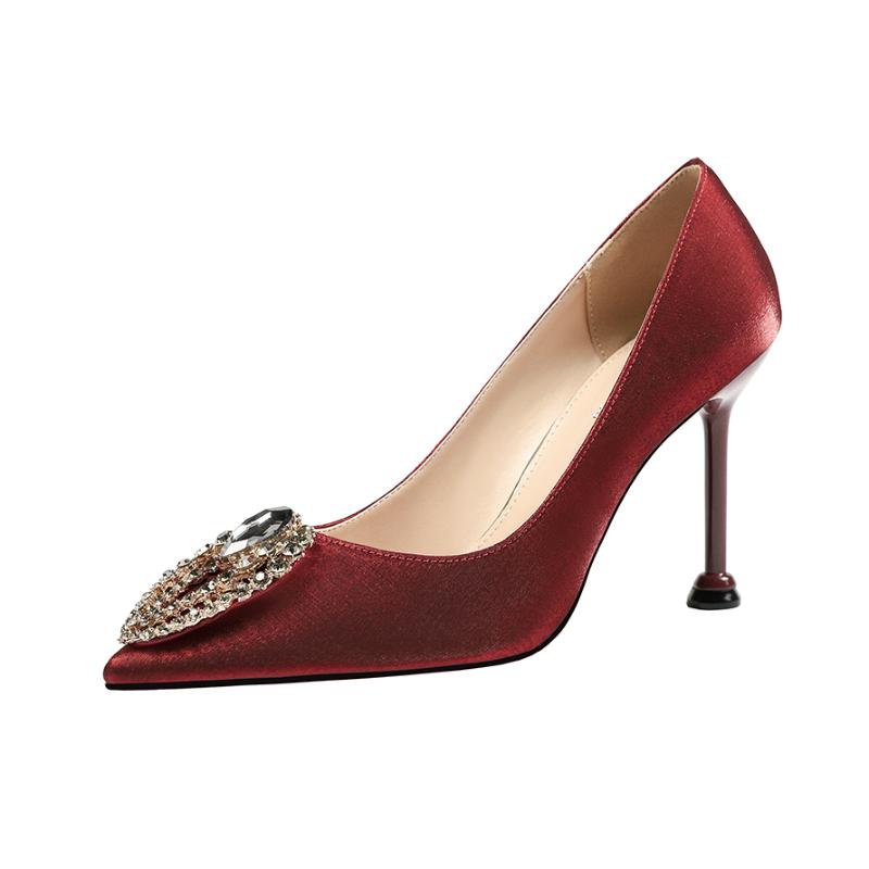 

Dress Shoes Wine Red High Heel Women 2021 Spring And Autumn Style With Wild Cats Silk Satin Wedding Winter, Burgundy