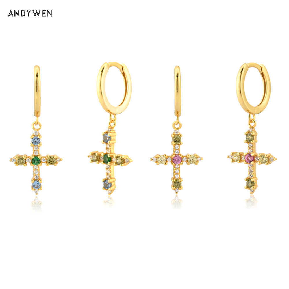 

ANDYWEN 925 Sterling Silver Rainbow CZ Cross Pendiente Drop Earring Luxury Loop Circle Wedding Jewelry For Rock Punk Party Gifts 210608