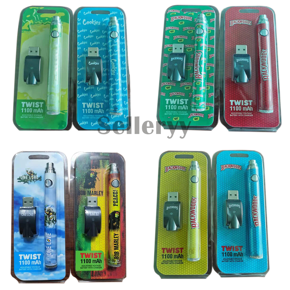 

Backwoods Printed Twist Battery 1100mAh Bottom Twist 3.3-4.8V Preheat VV Cartridge California Vape Blister Retail Package Battery Pen for 51