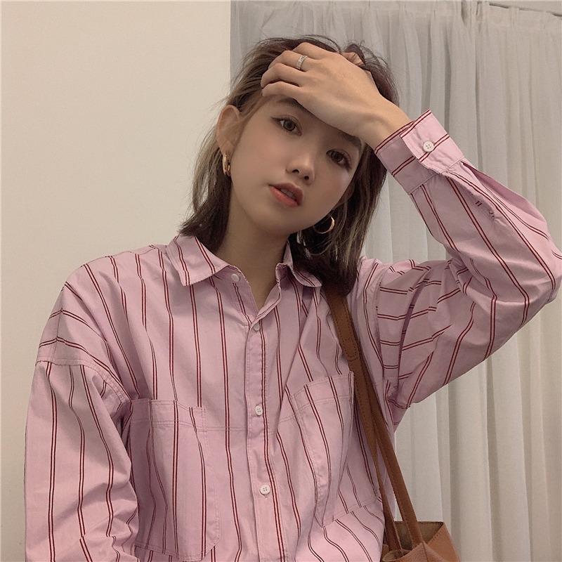 

Women's Blouses & Shirts Striped Long Sleeve Ladies Tops Spring Autumn Korean Loose Turn-down Collar Blouse Casual Pink For Women Clothing H, White