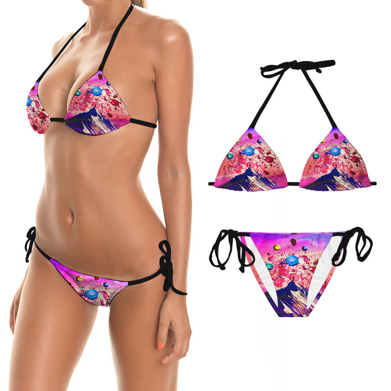 Fashion fashion brand scenery Print Bikini women&#039;s tie triangle net red swimsuit-image-710976505