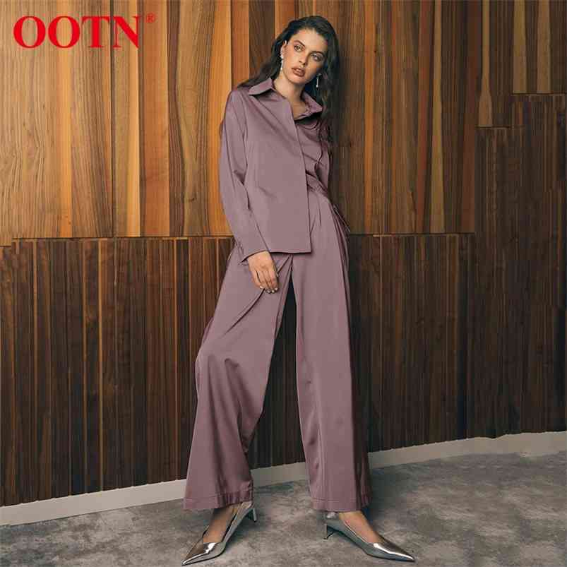 

OOTN Blue Satin Home Suit Wear Spring Brown Long Sleeve 2 Piece Top And Pant Sets Loose Casual Solid Ladies Trousers Set 210721, Purple