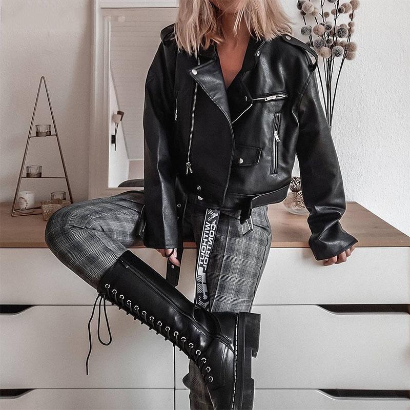 

Women's Leather & Faux Women Coats Turn-down Collar PU Moto BikerJacket Short Black Punk High Street Loose Female Outerwear