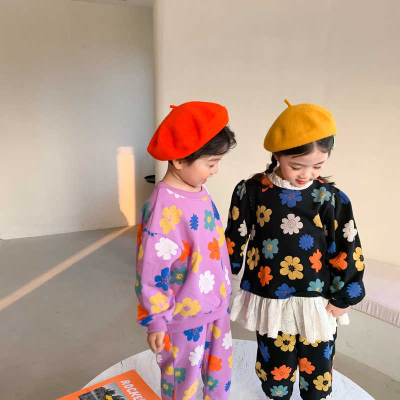 

Spring Fashion Floral brother and sister clothes sets Boys girls long sleeve sweatshirt pants 2pcs children outfits 210615, Boy black
