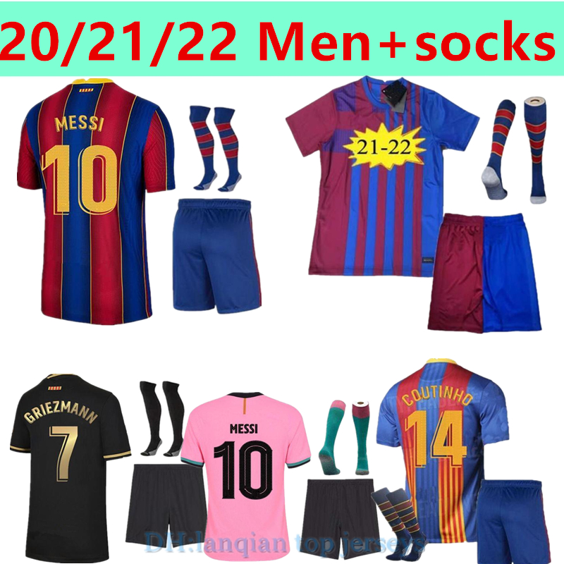 

Camisetas de football MESSI Barcelona soccer jerseys BARCA FC 20 21 22 ANSU FATI 2021 2022 GRIEZMANN F.DE JONG COUNTINHO DEST kit shirt adult+socks, Black;yellow