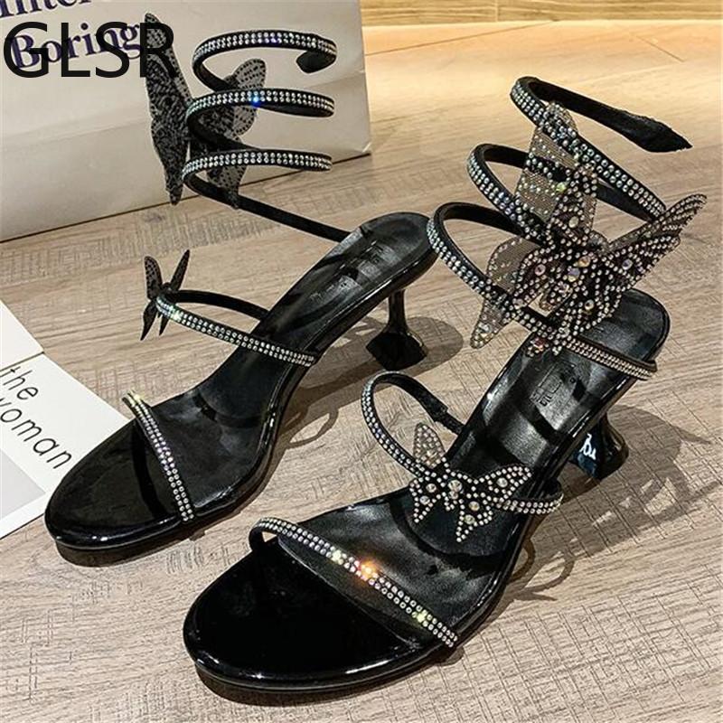 

Sparkling 8CM Heel Sandals Diamond Crystal High Heels Women 2021 Summer Sexy Club White Black