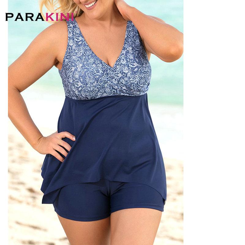 

Plus Size V Neck Print Swimwear 2021 Women Swimming Bathing Suit Tankini Set Two Piece Swimsuit High Waist Trunks One-Piece Suits