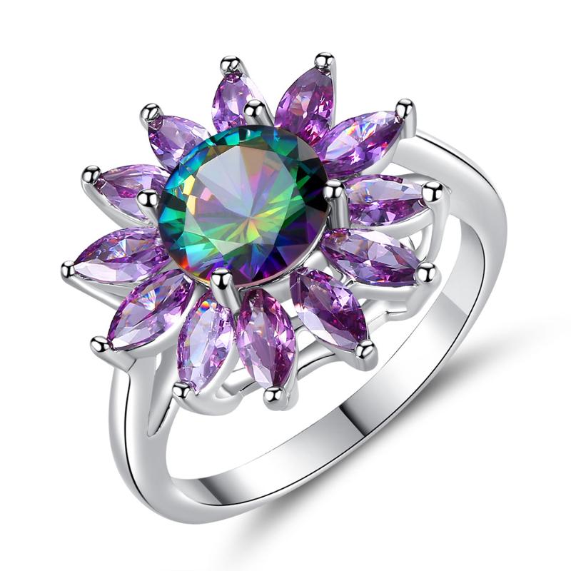 

Wedding Rings Sunflower For Women Ladies Bridal Jewelery Engagement Flower Purple Rainbow Cubic Zirconia Ring Accessories