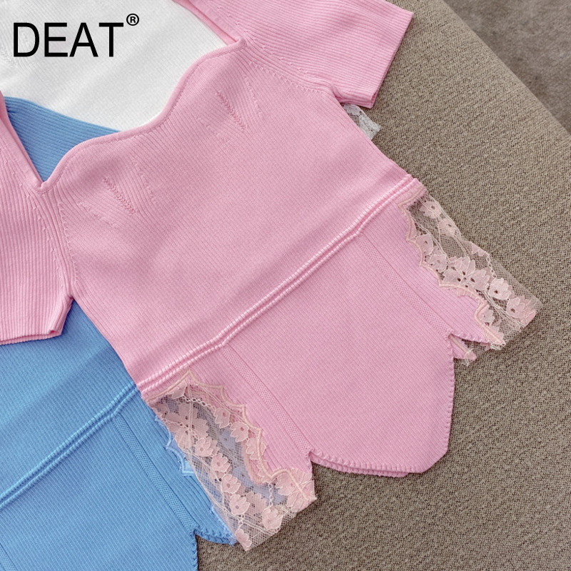 

Women Patchwork Lace T-shirt Arrivals Solid Color Square Collar Short Sleeve Fashion Spring Summer 11D431 210525, Black