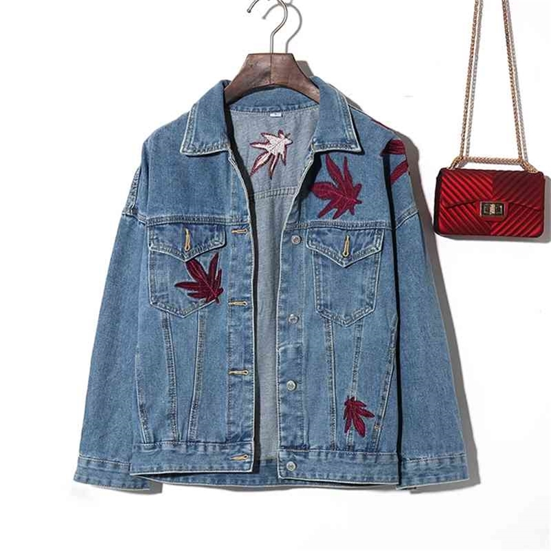 

Fashion High street Women Long Sleeve Maple Leaf Embroidery Vintage Denim Coat Female Jacket A277 210519