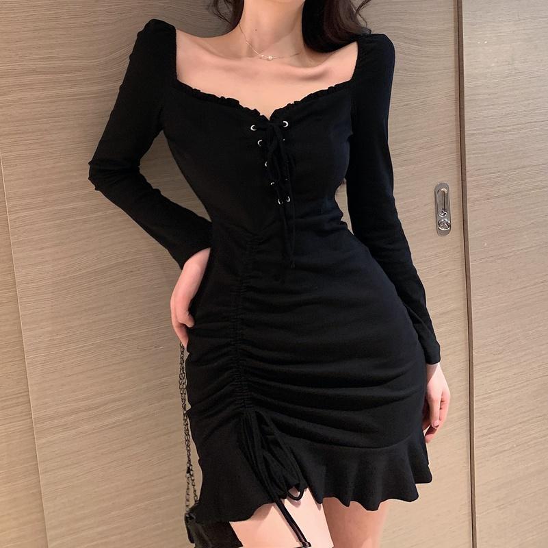 

Casual Dresses Autumn Long Sleeve Sexy Black Dress Women Bag Hip Nightclub Short Square Collar Bodycon Party Vestido 17299, Black;gray