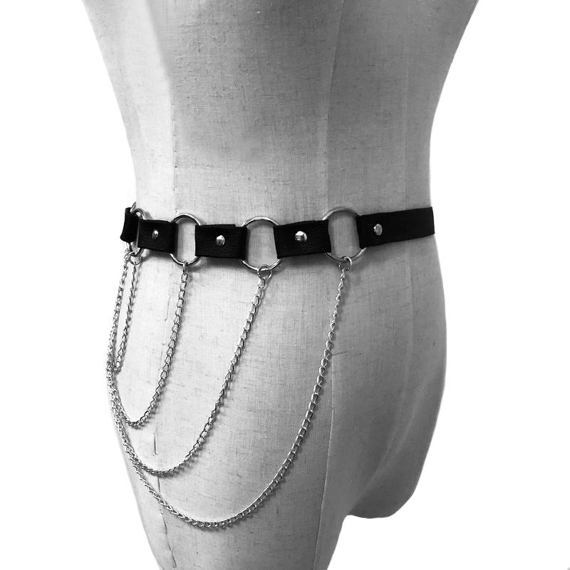 

Retro PU Leather Cool Belts Men Women Pin Buckle Multi-layered Metal Tassel Chain Punk Belt Fashion Decoration Female, As pic