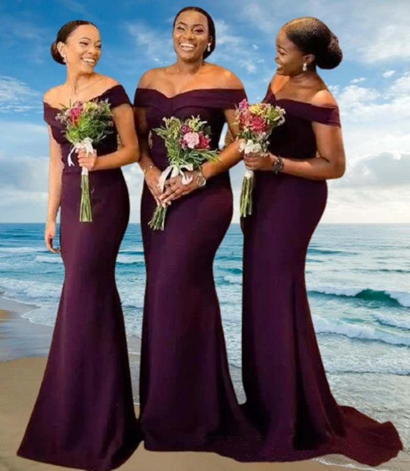 2022 Mermaid Bridesmaid Dress Long Dresses African Purple Off The Shoulder Satin Sweep Train Wedding Guest Maid Of Honor-image-731628274