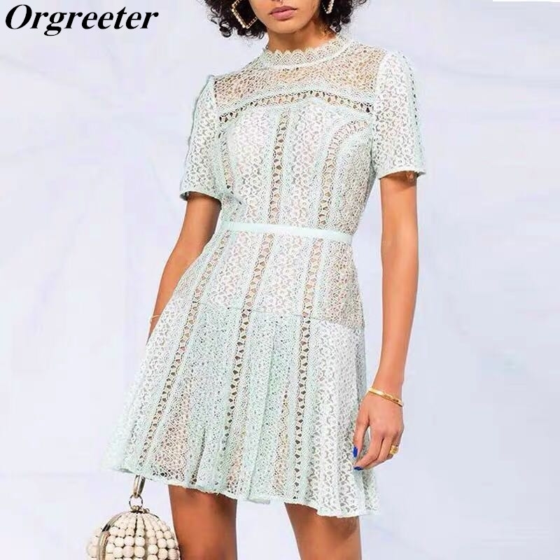 

Summer Elegant Light Green Short Lace Dress Women' Casual Stand collar Hollow out Slim High Waist Pleated Dresses 210525, Picture color
