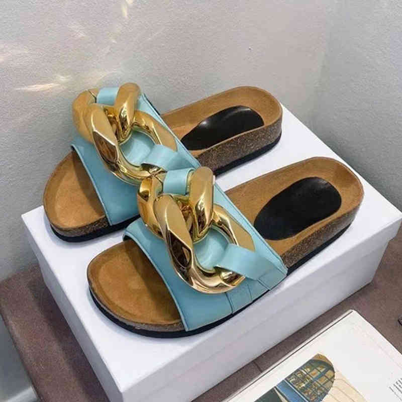 

70% Off Wholesale Flip-Flops Fashion New Gold Chain Flat Slippers Women Thick Sole Genuine Leather Leisure Sandals Summer Comfortable Outside Vacation Shoes, As show
