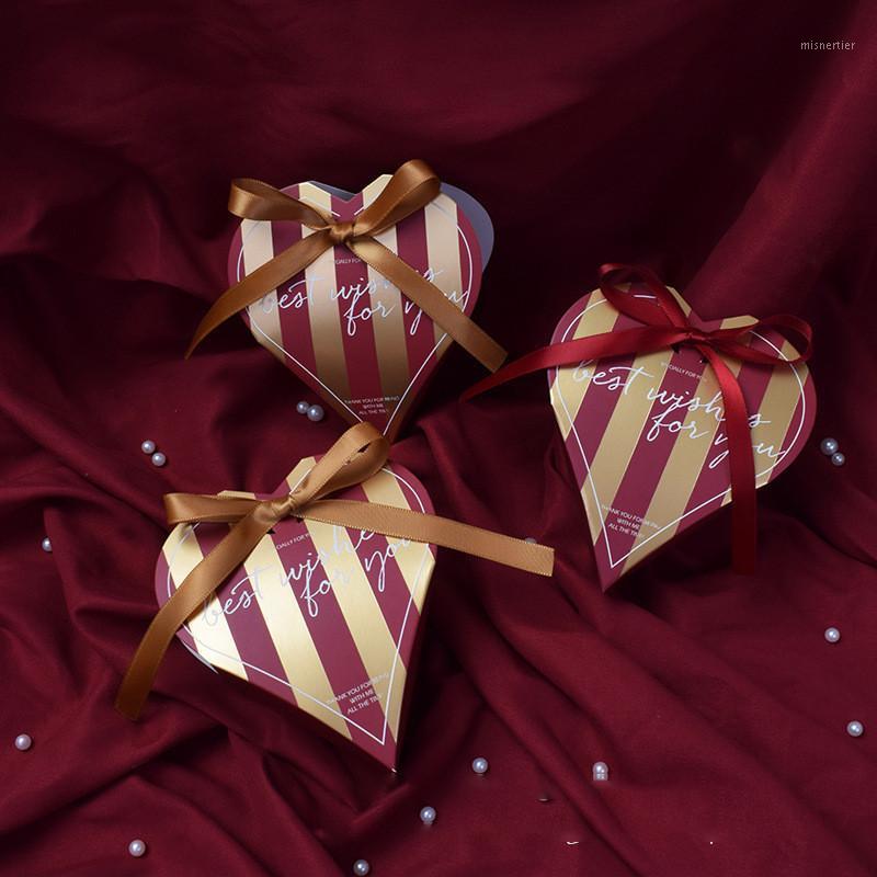 

Gift Wrap 10/20/50pcs Candy Box Wedding Favors For Guests Chic Pink Blue Green Striped Red Ribbon Heart Paper Bags Of Sweet