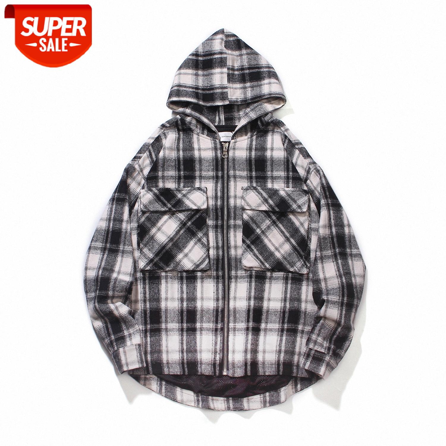

Hip-hop street flannel black and white plaid shirt loose men's women's hooded jacket #wD3O, White;black