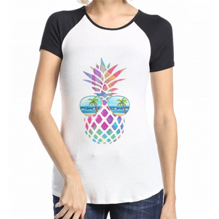 

Fashion Color contrast Women's Tops Tees T-Shirt Mens Bear Print pineapple Casual Puzzle short sleeves FS9213, White