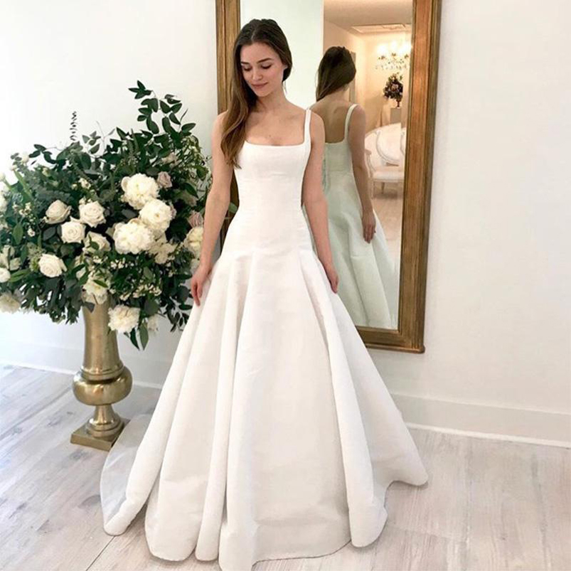 Spaghetti A Line Wedding Dresses Square Neck Sweep Train Backless Satin Boho Plus Size Bridal Gowns-image-703720408