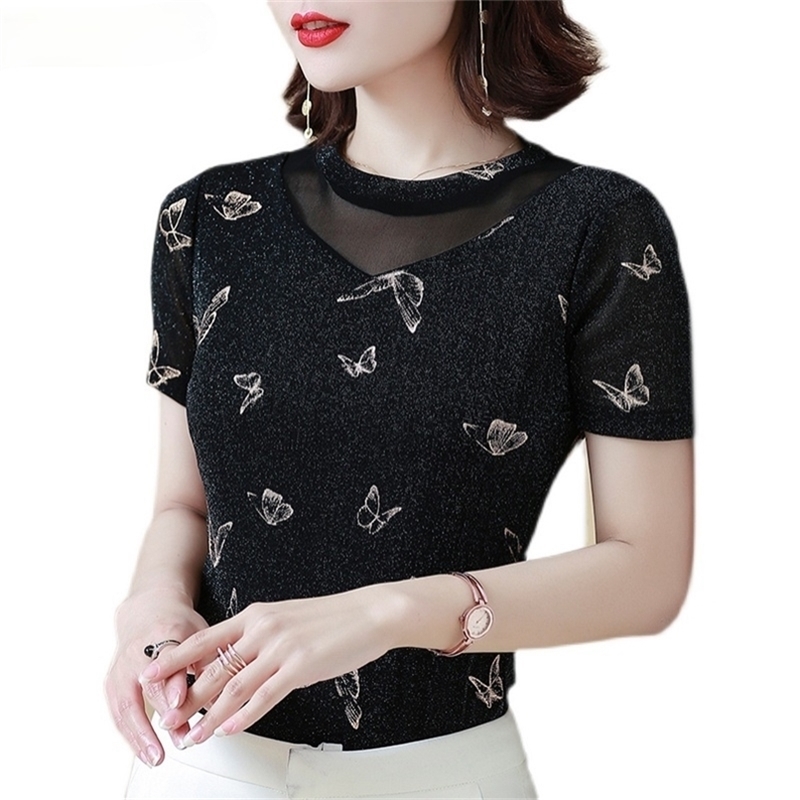 

4XL plus size woman tshirts short-sleeved fashion tops stitching mesh retro round neck elegant women clothing 210520, The picture color
