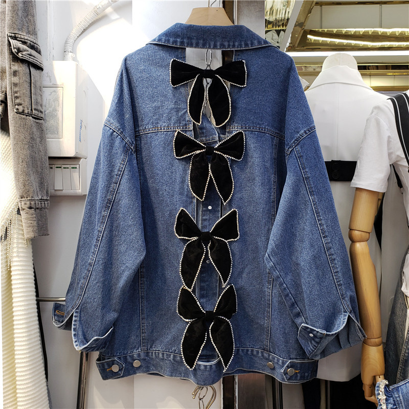 

women's jackets [ewq] korea streetwear autumn fashion heavy industry denim backless bow short jacket coat 16e3997 otwe, Black;brown