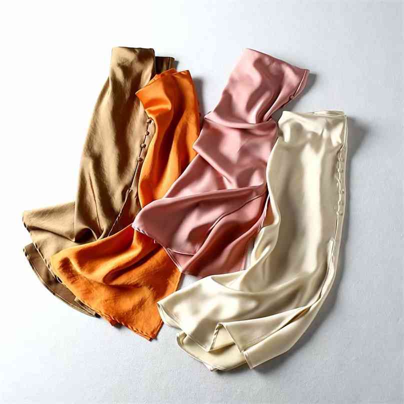 

Vintage Midi Skirts Womens Elegant Pink Satin Skirt Streetwear Ladies High Waist Long Sexy A Line Slit 210629, Orange