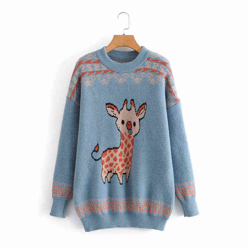 

Evfer Women Cute Cartoon Fawn Knitted Blue Autumn Pullover Tops Female Fashion Ugly Loose Sweaters Gilr Casual Jacquard Knitwear Y1110, Black