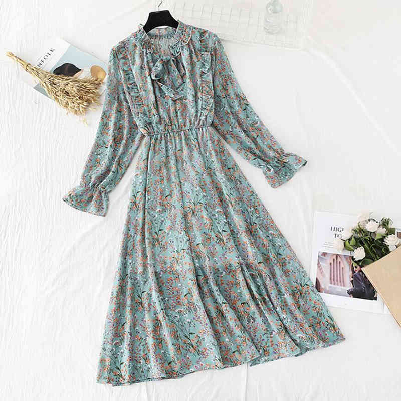 

Women Elegant Long Dress Floral Print Bow Lotus Leaf Collar Lady Office Dress Vintage Long Sleeve Chiffon Dress Vestidos 210521, Leaf powder