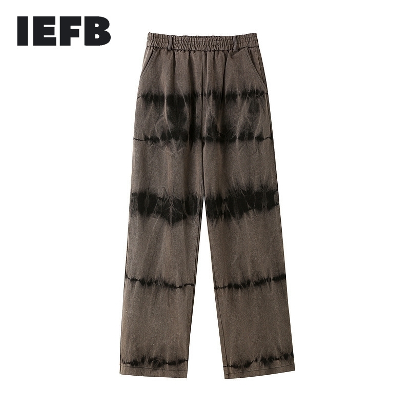 

IEFB High Street Men's Elastic Waist Tie-dye Jeans Men's Made Old Loose Straight Wide Leg Daddy Pants Spring Y5576 210524, Brown