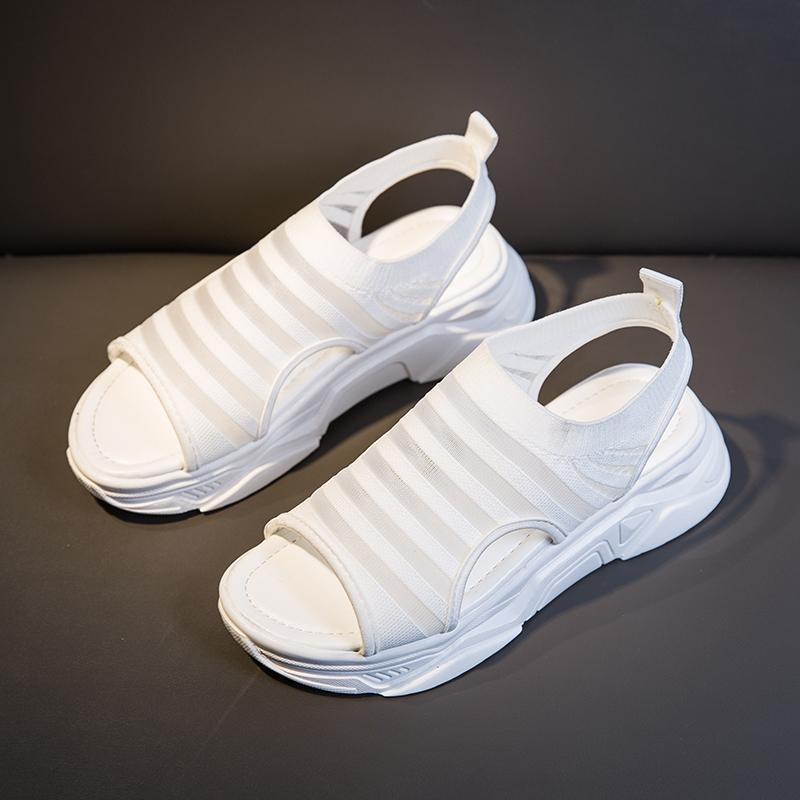 

Summer Women's Sandals Muffin Thick Bottom Fish Mouth Sports Lace Up Breathable Mesh Casual Shoes Female Beach, Black