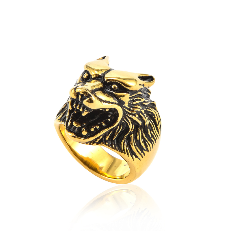 

Mens Antique Silver Gold Black Plated Stainless Steel Wolf Head Ring for Gift