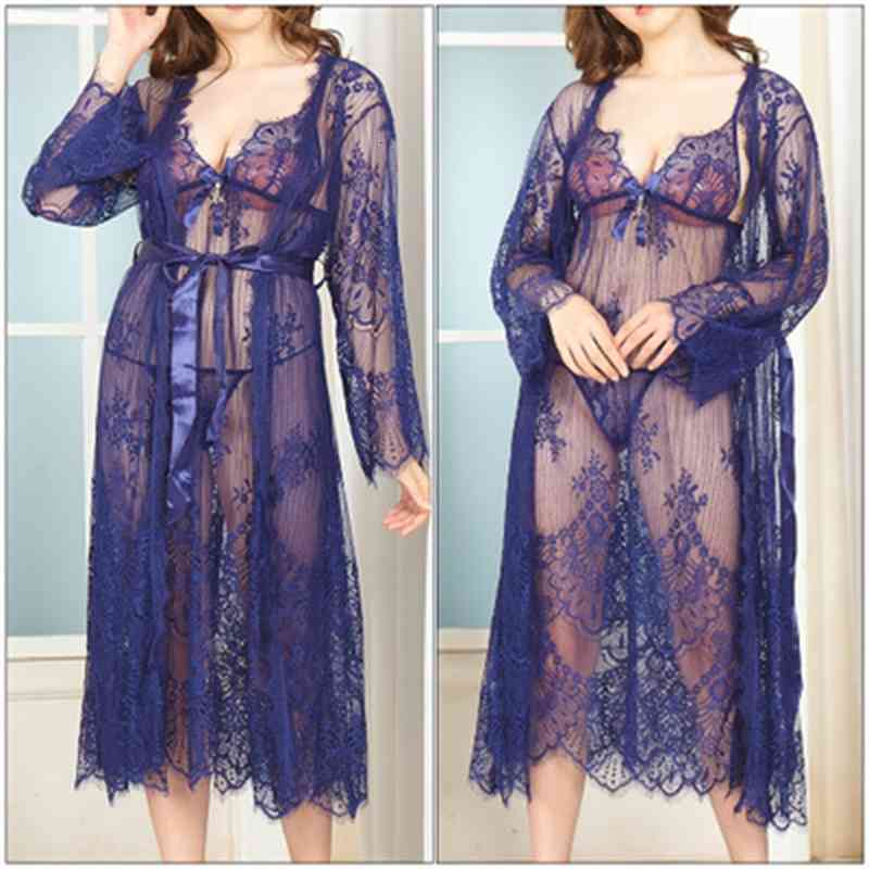 Women&#039;s Sleepwear Sexy Spring Summer Ladies Nightdress Long Sleeve V-neck Three-piece Fat mm Sleepwear Robe Set Lace Dressing gowns for wome-image-700058629