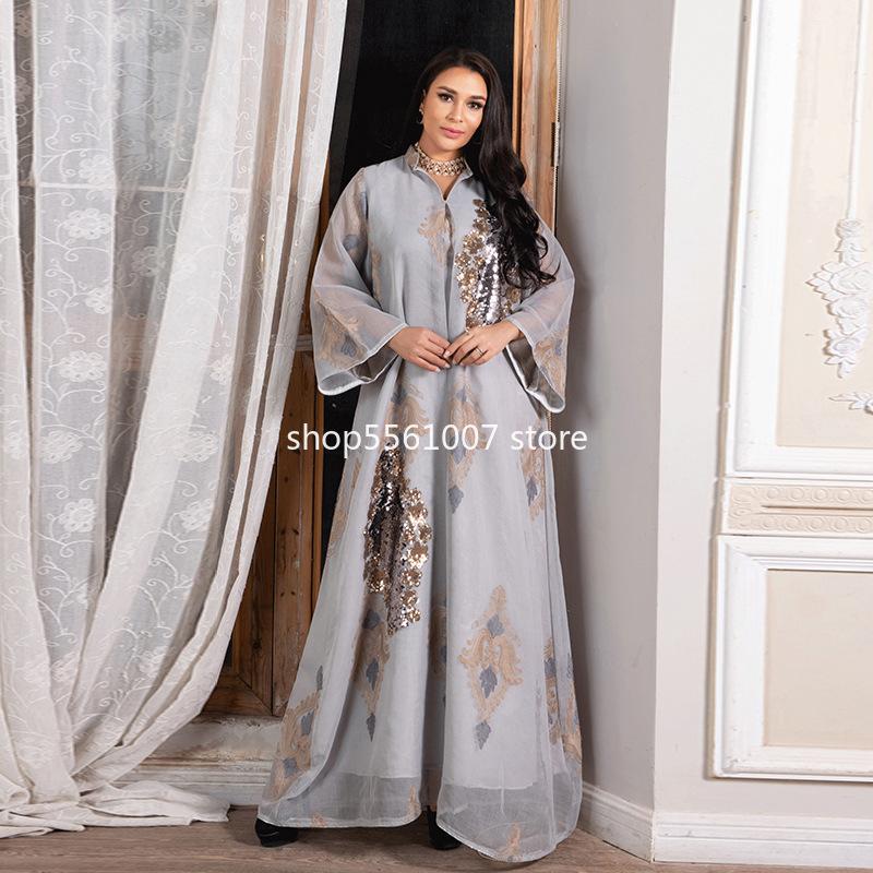 

Ethnic Clothing 2021 Middle East Arab Turkey Dubai Women's Muslim Evening Dresses Grey Caftan Marocain Sequin Embroidered Mesh Ladies Dress
